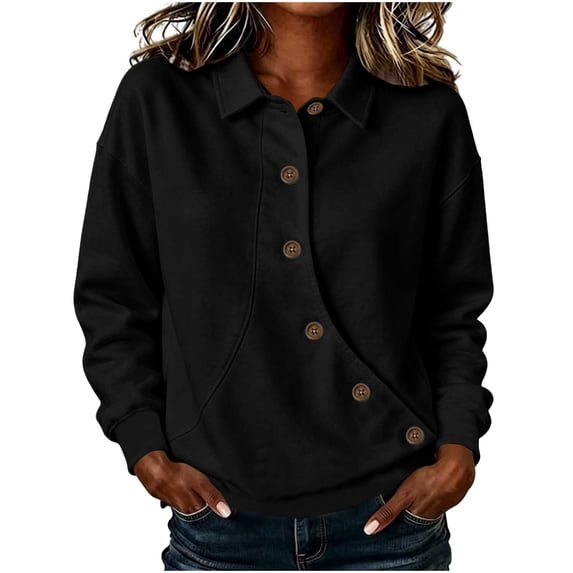 Hurxie Women's Solid Color Sports Casual Loose Button Lapel Hoodless Sweatshirt Top Black,S