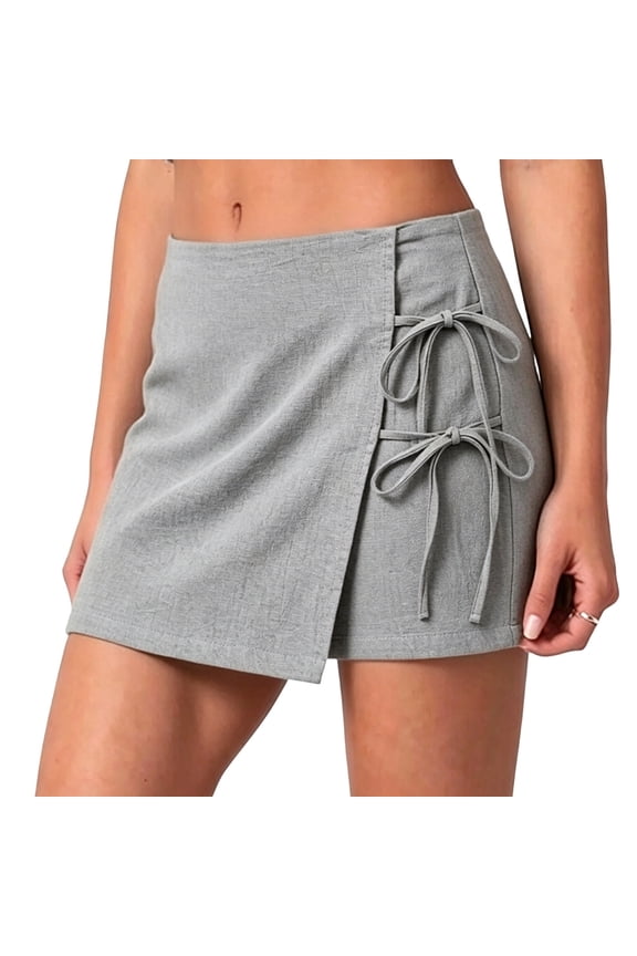 Women's Solid Wrap Front Linen Skirt Shorts Drawstring Knot Side Skort Shorts Gray,2XL