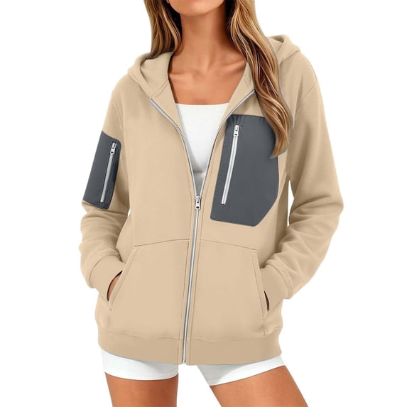 Hurxie Women's Spring Zip Up Y2K Hoodies Casual Long Sleeve Sweatshirts Fall Winter Track Jackets with Pockets Khaki,L