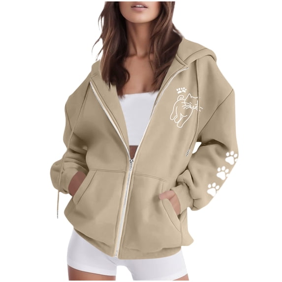 Hurxie Women's Spring Zip Up Y2K Hoodies Casual Long Sleeve Sweatshirts Fall Winter Track Jackets with Pockets Khaki,S
