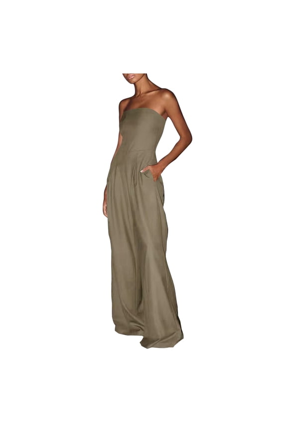 Women's Strapless Jumpsuits Ruched Wide Leg Long Pants Romper Khaki M