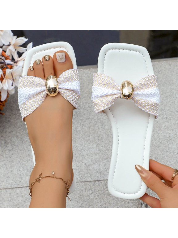 Women's Straw Flat Sandals Summer Beach Cute Braided Square Toe Strappy Raffia Metal Slip On Slide Sandals White 5.5