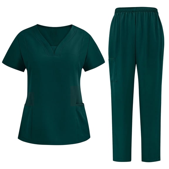 Hurxie Women's Stretch Scrub Set V-Neck Top Cargo Pant, Breathable Moisture Wicking Medical Uniform Green S
