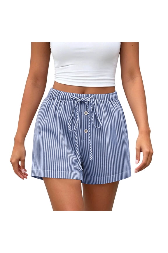 Women's Striped Low Rise Shorts Drawstring Tie Button Front Summer Casual Mini Shorts Blue,XS