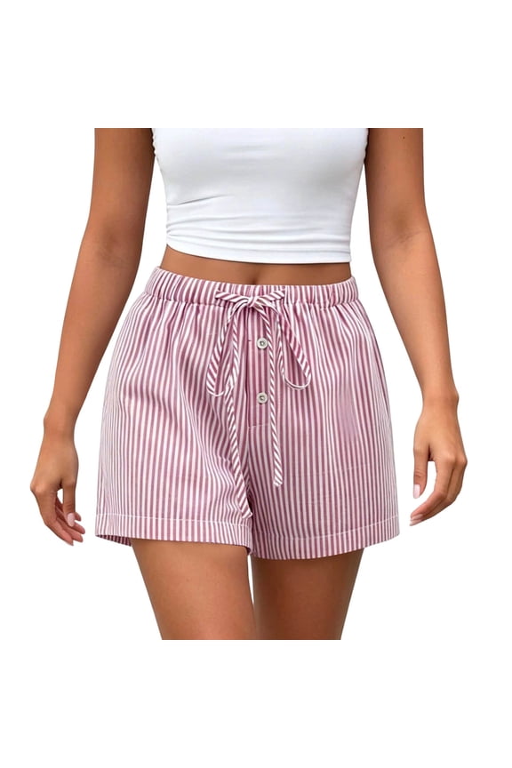 Women's Striped Low Rise Shorts Drawstring Tie Button Front Summer Casual Mini Shorts Pink,S