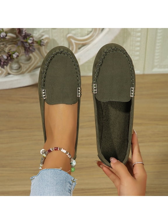 Women's Suede Leather Casual Penny Loafers Retro Ladies Moccasins Driving Mocs Comfort Slip-On Fashion Boat Shoes Classic Flats Army Green 40