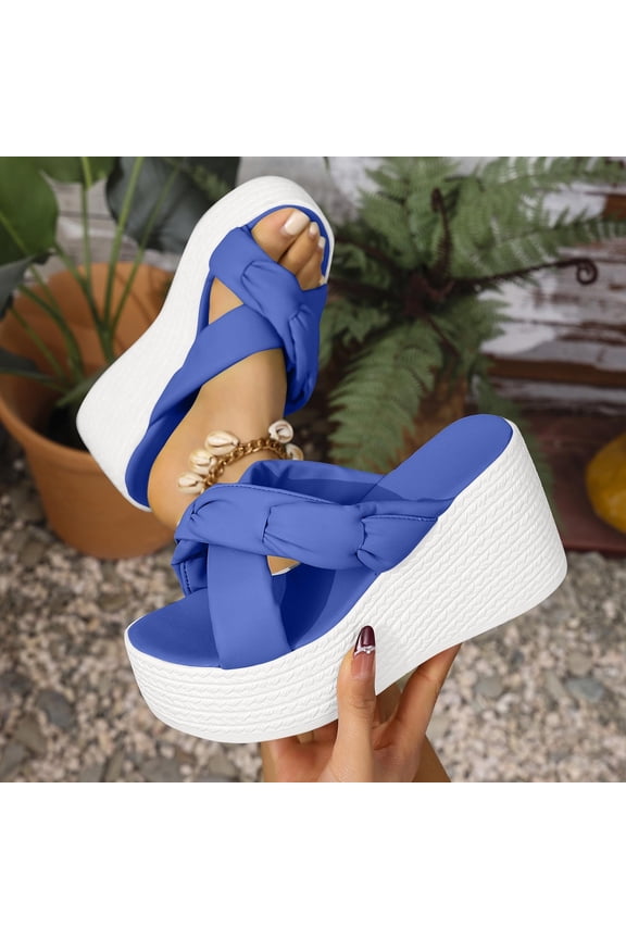 Women's Suede Platform Wedge Heel Slide Sandals Round Open Toe One Strap Slip-On Heeled Sandals Stylish Comfortable Daily Casual Summer Slippers Blue 38