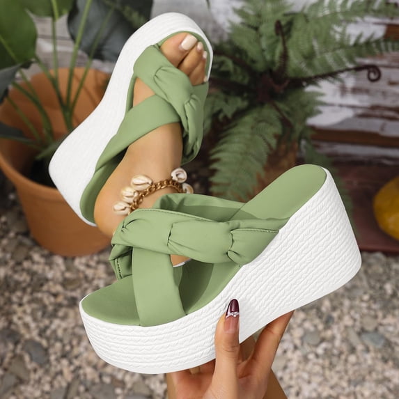 Hurxie Women's Suede Platform Wedge Heel Slide Sandals Round Open Toe One Strap Slip-On Heeled Sandals Stylish Comfortable Daily Casual Summer Slippers Green 36
