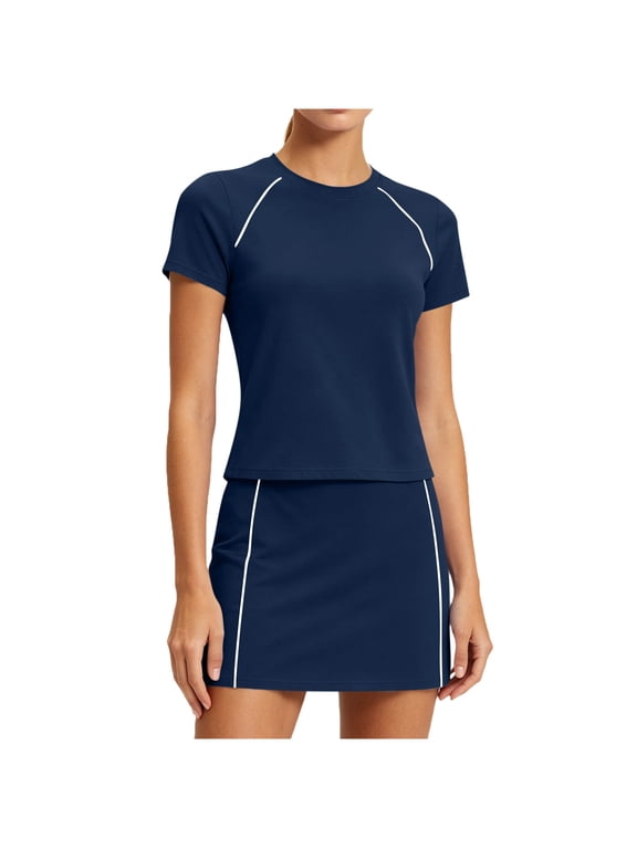 Women's Summer 2 Piece Skirt Sets Short Sleeve Shirts Tops Skorts Matching Workout Clothes Travel Outfits Navy,S