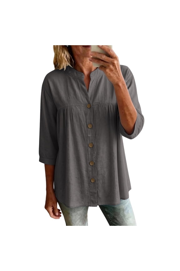 Women's Summer Boho Floral 3/4 Sleeve Tunic Top Flowy Casual Loose Cute Plus Size Pleated Blouse Shirts Gray,L