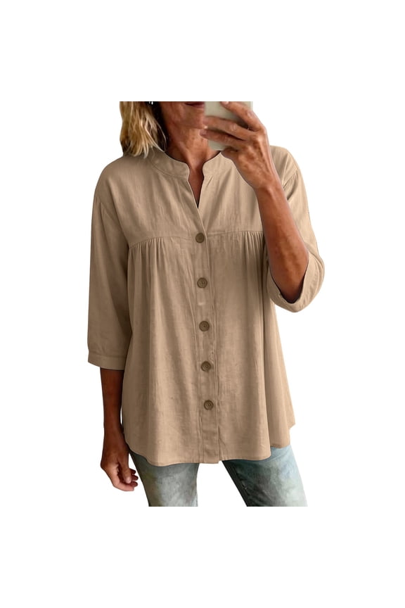 Women's Summer Boho Floral 3/4 Sleeve Tunic Top Flowy Casual Loose Cute Plus Size Pleated Blouse Shirts Khaki,XL