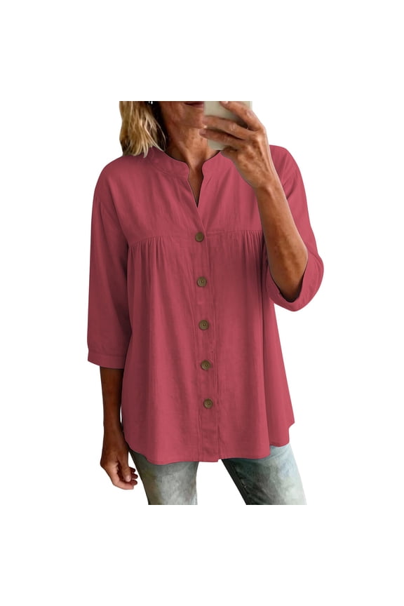 Women's Summer Boho Floral 3/4 Sleeve Tunic Top Flowy Casual Loose Cute Plus Size Pleated Blouse Shirts Red,XL