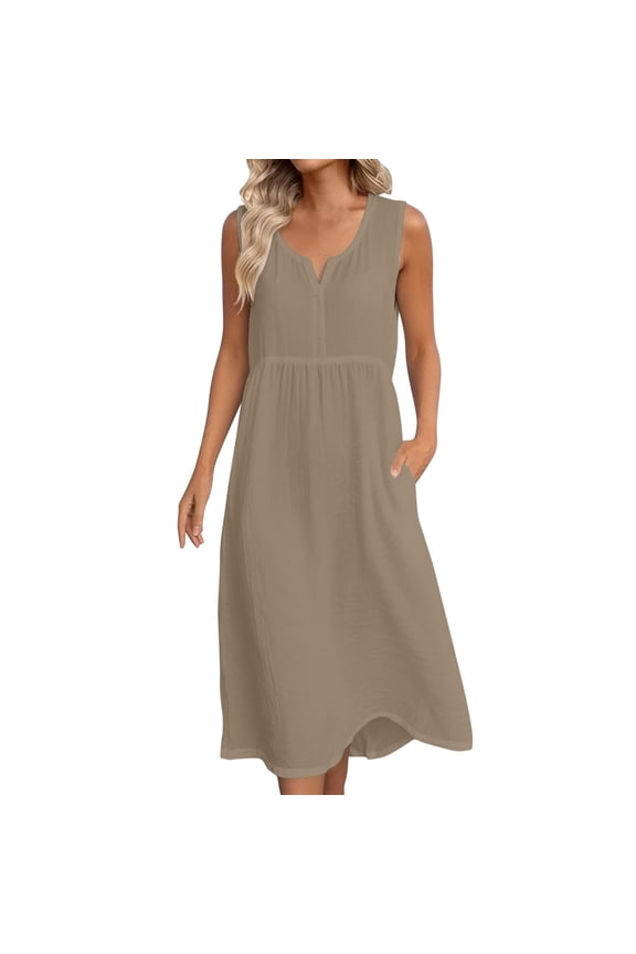 Women's Summer Boho V-Neck Cotton Tunic Dress Casual Loose Short Sleeve Midi Long Beach Dress Khaki,M