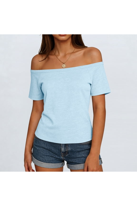 Women's Summer Cap Sleeve Boat Neck Off Shoulder Top Going Out Slim Fit Tops Y2K Tight Shirts Light Blue,L