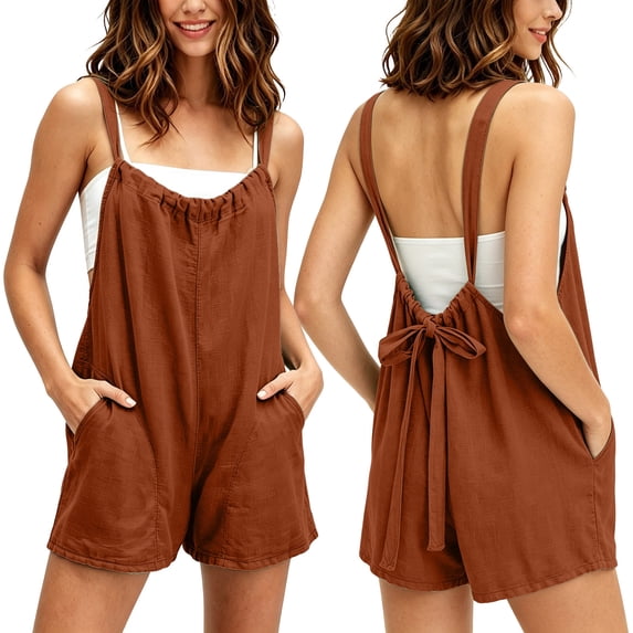 Hurxie Women's Summer Comfy Casual Sleeveless Romper Loose Adjustable Strap with Pockets Orange,3XL