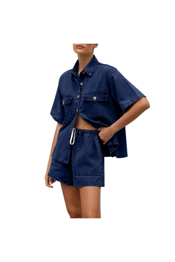 Women's Summer Denim 2 Piece Outfits Short Sleeve Button Down Shirt Elastic Waist Wide Leg Shorts Matching Set Dark Blue 2XL