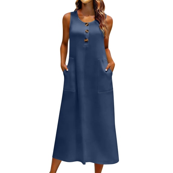 Hurxie Women's Summer Dress Sleeveless Casual Beach Long A Line Sun Dress with Pockets Blue,XL