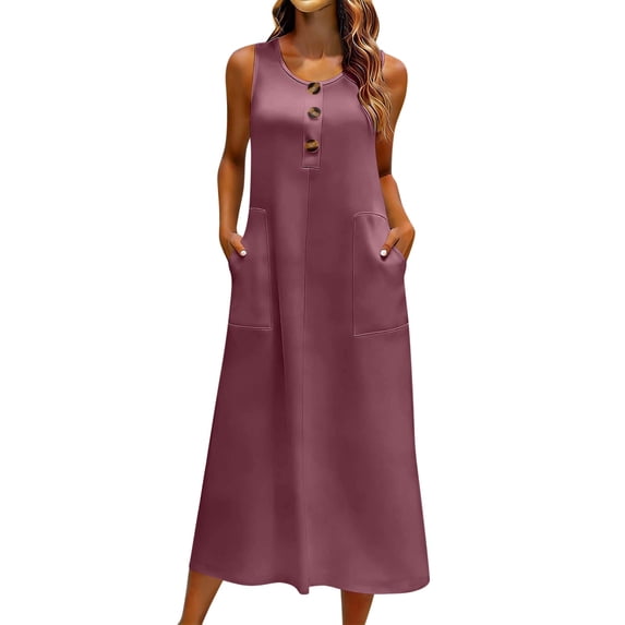 Hurxie Women's Summer Dress Sleeveless Casual Beach Long A Line Sun Dress with Pockets Hot Pink,S
