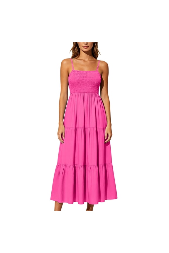 Women's Summer Maxi Dress,Smocked Ruched Bust Sundress with Adjustable Straps & Pockets-Beach Vacation Dress Hot Pink,M