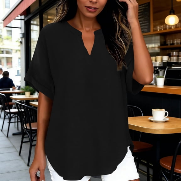 Hurxie Women's Summer Tops Short Sleeve Casual Shirts V Neck Chiffon Dressy Blouse Tops Black,M