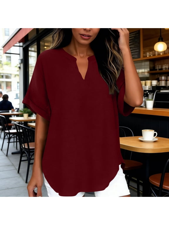 Women's Summer Tops Short Sleeve Casual Shirts V Neck Chiffon Dressy Blouse Tops Wine,2XL