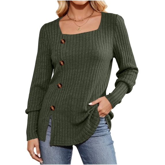 Hurxie Women's Sweaters Fall Lightweight Long Sleeve Square Neck Tunic Tops Army Green,L