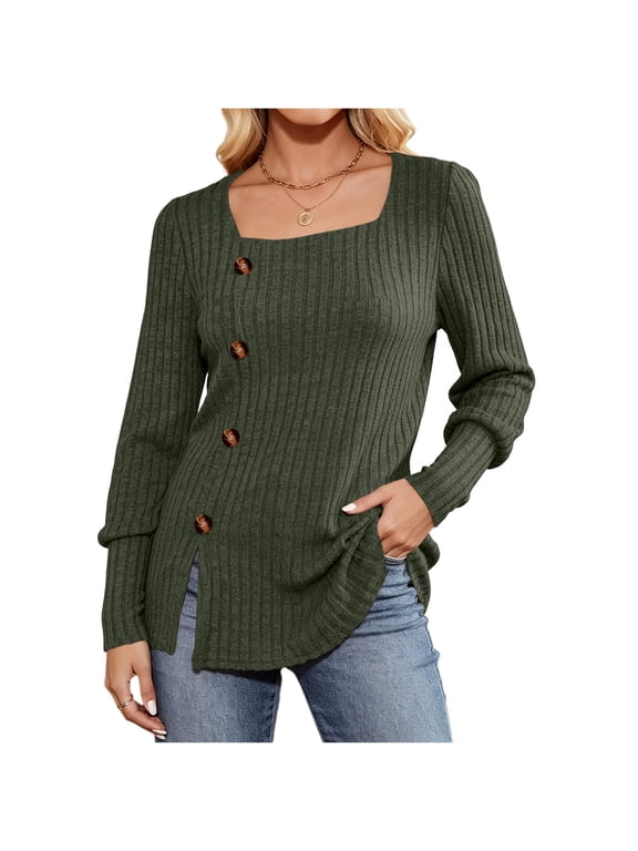 Women's Sweaters Fall Lightweight Long Sleeve Square Neck Tunic Tops Army Green,S