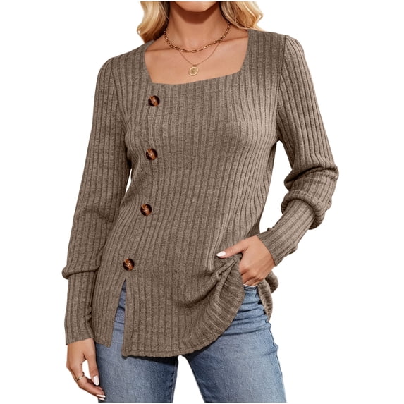 Hurxie Women's Sweaters Fall Lightweight Long Sleeve Square Neck Tunic Tops Khaki,XL