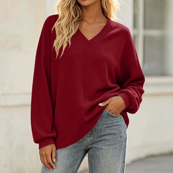Hurxie Women's Sweaters V Neck Pullover Sweater for Women Long Sleeve Tops,Ribbed knit,Light weight,Soft Cozy,Fall,Winter,Office,Loose,Trendy Outfits