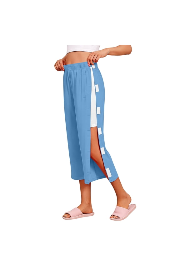Women's Tear Away Breakaway Capri Pants Post Surgery Recovery Hip Knee Ankle Replacement Adaptive Magic Tape Wide Leg Sky Blue,L