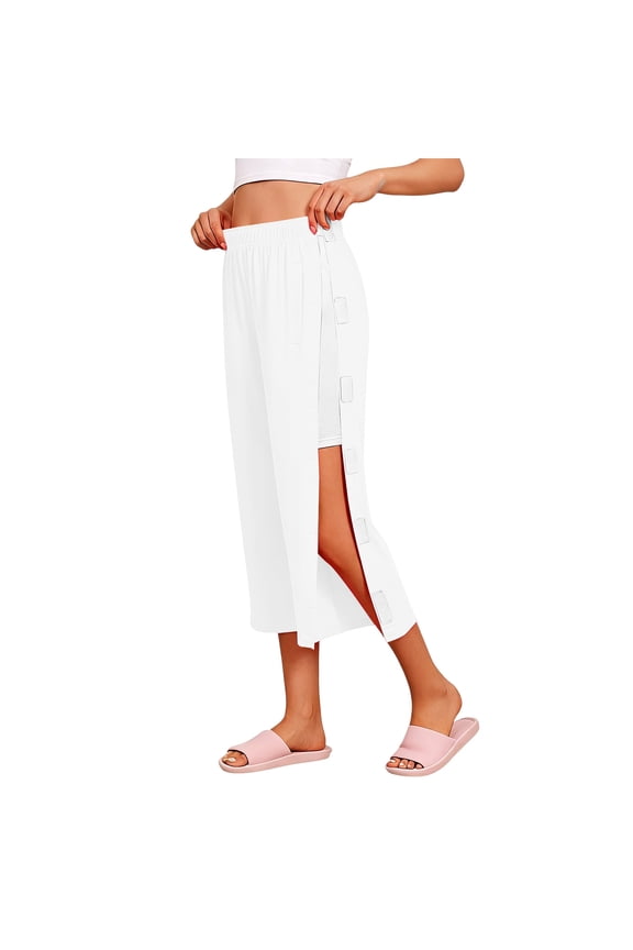 Women's Tear Away Breakaway Capri Pants Post Surgery Recovery Hip Knee Ankle Replacement Adaptive Magic Tape Wide Leg White,L