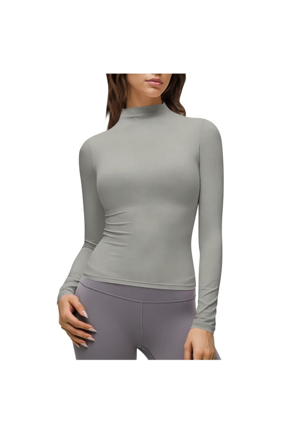 Women's Turtleneck Long Sleeve Shirts Fall Basic Tees Ribbed Fitted Tops Thermal Layering Knit Top Clothes Gray L