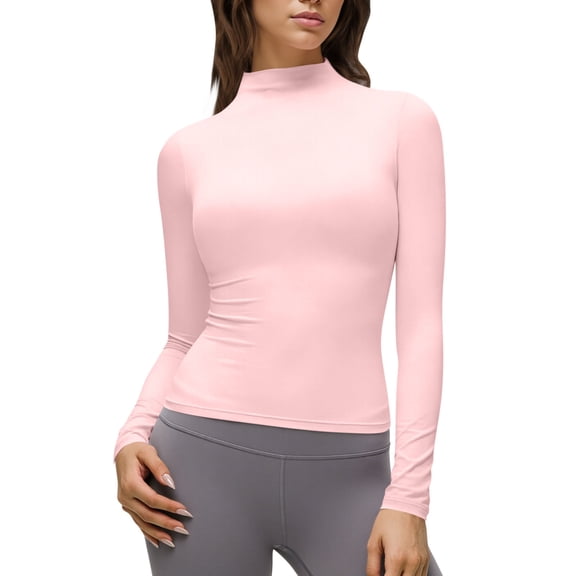 Hurxie Women's Turtleneck Long Sleeve Shirts Fall Basic Tees Ribbed Fitted Tops Thermal Layering Knit Top Clothes Pink L