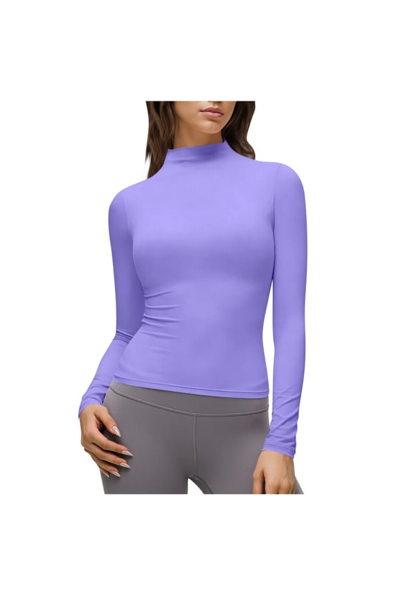 Women's Turtleneck Long Sleeve Shirts Fall Basic Tees Ribbed Fitted Tops Thermal Layering Knit Top Clothes Purple M