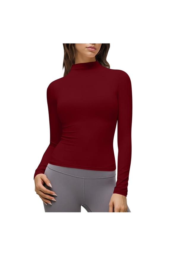 Women's Turtleneck Long Sleeve Shirts Fall Basic Tees Ribbed Fitted Tops Thermal Layering Knit Top Clothes Wine M