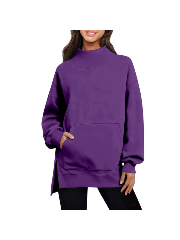 Women's Turtleneck Oversized Sweatshirt Casual Long Sleeve Loose Side Slit Pullovers Tunic Tops