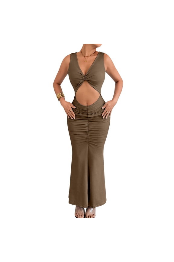 Women's Two Piece Outfits Twist Front Halter Cami Tops and Skirt Summer Set Brown,S