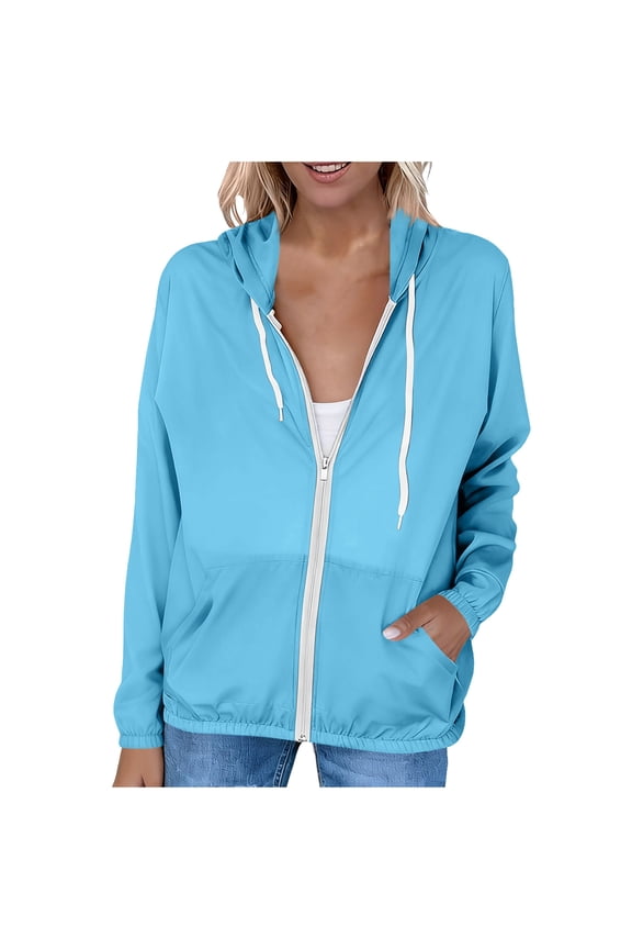 Women's UPF 50+ Sun Protection Jacket Cooling Sun Shirt Lightweight Athletic Hoodie with Zipper Pockets Outdoor Light Blue 2XL