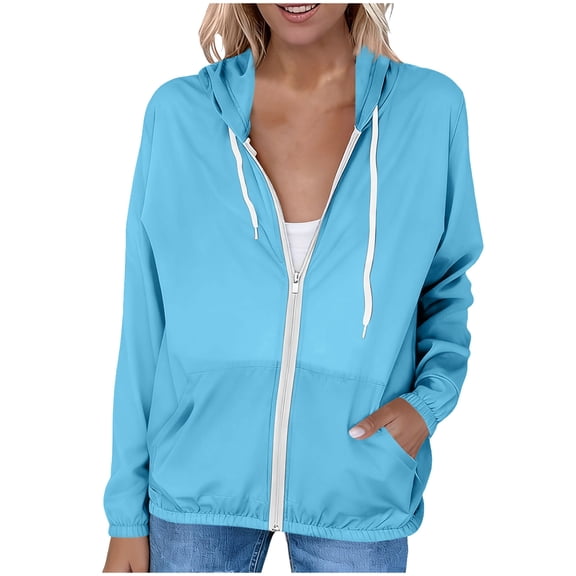 Hurxie Women's UPF 50  Sun Protection Jacket Cooling Sun Shirt Lightweight Athletic Hoodie with Zipper Pockets Outdoor Light Blue M