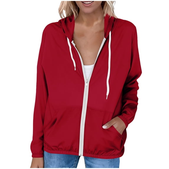 Hurxie Women's UPF 50+ Sun Protection Jacket Cooling Sun Shirt Lightweight Athletic Hoodie with Zipper Pockets Outdoor Red L