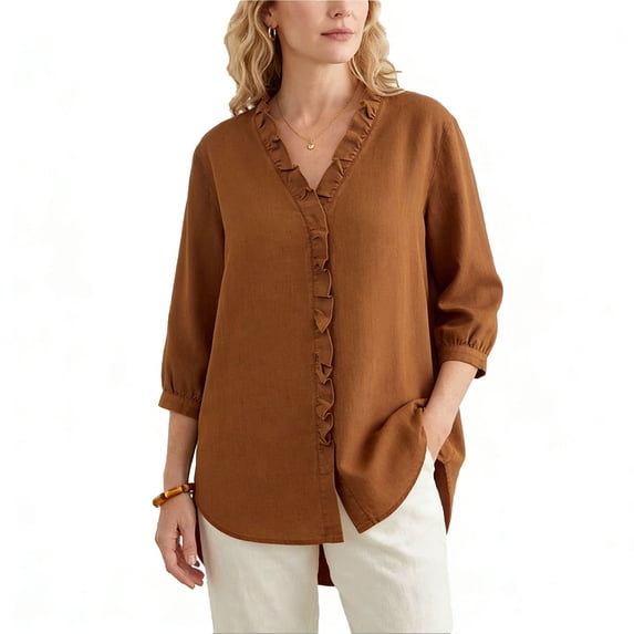 Hurxie Women's V Neck Ruffle Blouses Short Sleeve Casual Work Tops Loose Fit Pullover Shirts Orange,S