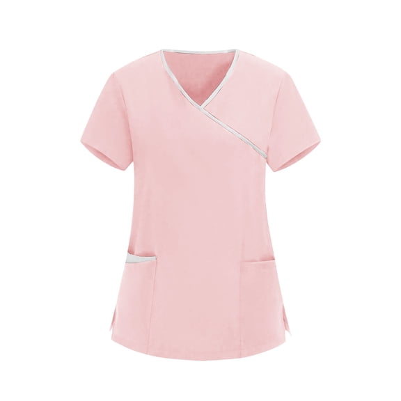 Hurxie Women's V Neck Scrub Top with Pockets Pink M