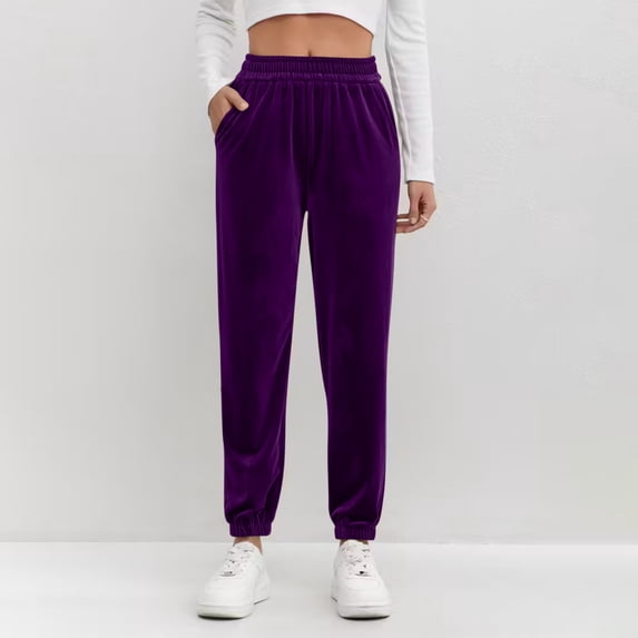 Hurxie Women's Velour Pants Straight Leg High Waisted Velvet Sweatpants for Women Soft Velour Lounge Pajama Pants Purple,M