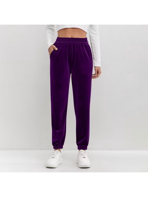 Women's Velour Pants Straight Leg High Waisted Velvet Sweatpants for Women Soft Velour Lounge Pajama Pants Purple,S