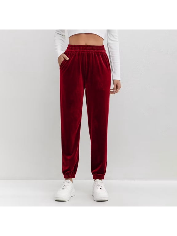 Women's Velour Pants Straight Leg High Waisted Velvet Sweatpants for Women Soft Velour Lounge Pajama Pants Wine,S
