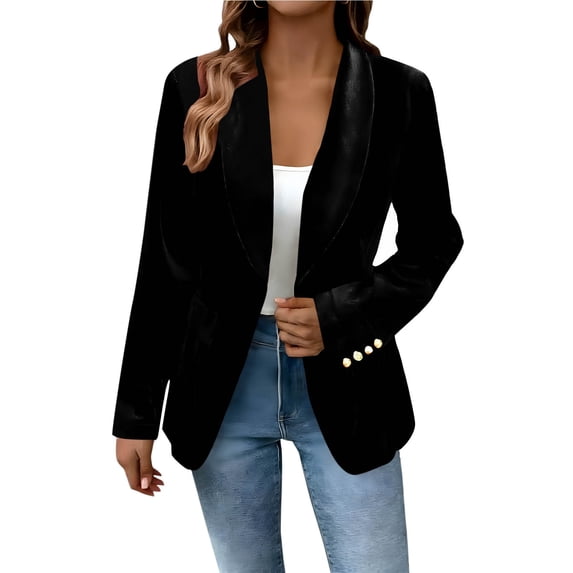 Hurxie Women's Velvet Cardigan Long Sleeve Open Front Cardigans Jacket Blazer Coat with Pockets Black L