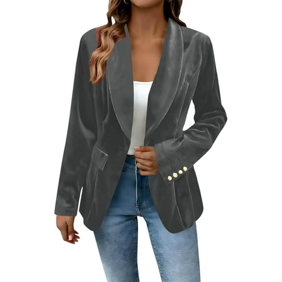 Hurxie Women's Velvet Cardigan Long Sleeve Open Front Cardigans Jacket Blazer Coat with Pockets Gray S