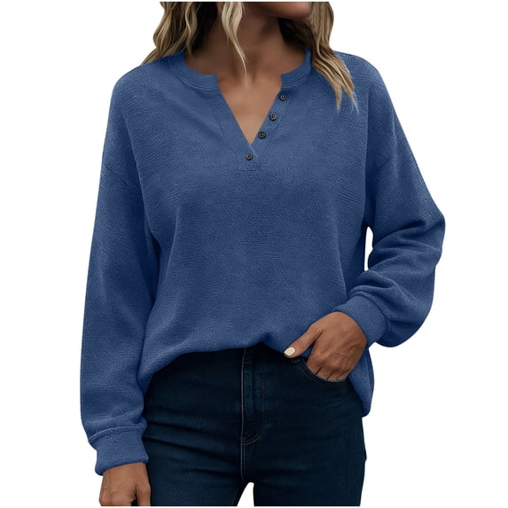 Hurxie Women's Waffle Knit Tops Long Sleeve Shirts Henley Tops V-Neck Button Down Thermal Shirts Fall Outfits Blue S