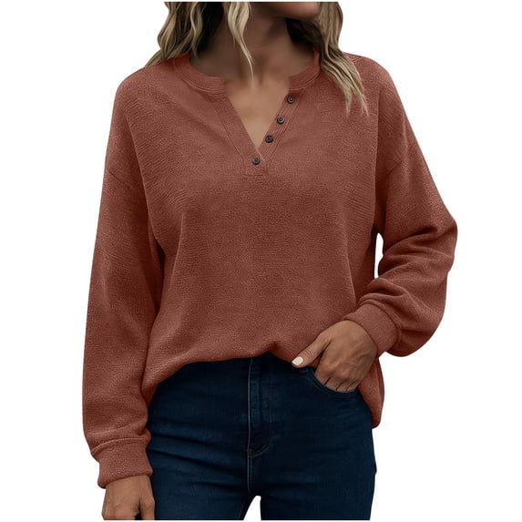 Hurxie Women's Waffle Knit Tops Long Sleeve Shirts Henley Tops V-Neck Button Down Thermal Shirts Fall Outfits Brown S