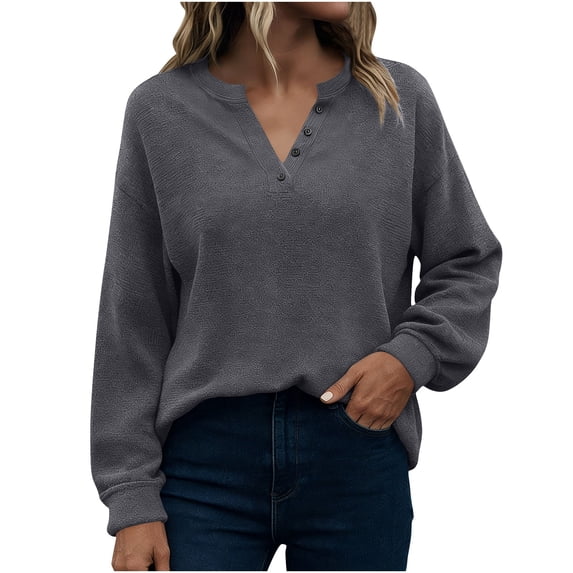 Hurxie Women's Waffle Knit Tops Long Sleeve Shirts Henley Tops V-Neck Button Down Thermal Shirts Fall Outfits Gray XL